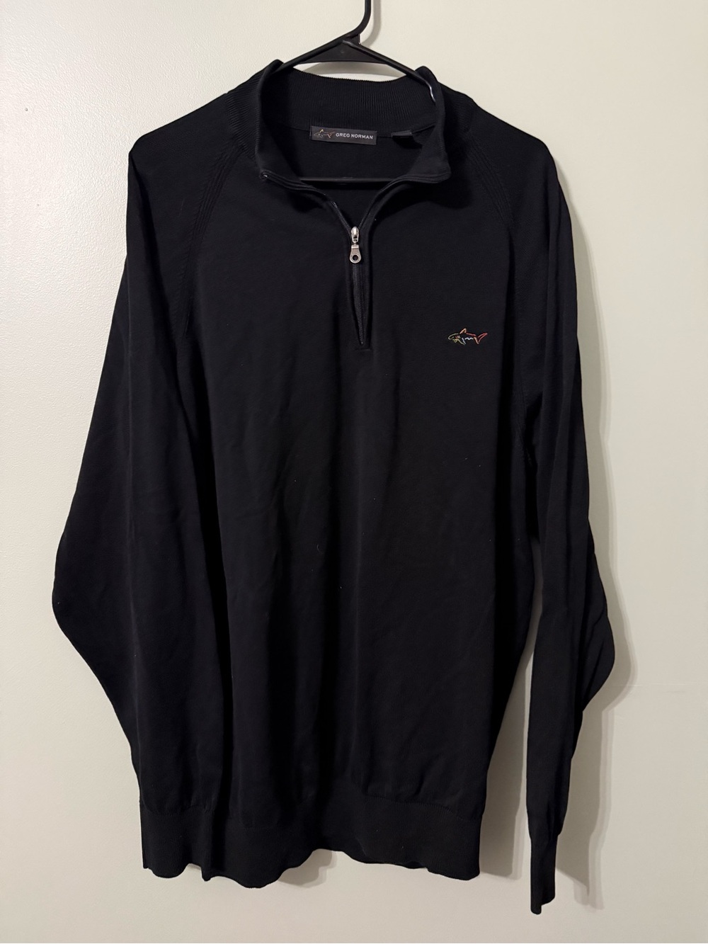 Greg Norman Collection Black Quarter-Zip Sweater with Embroidered Shark Logo